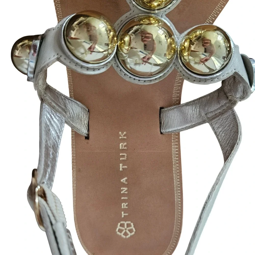 Trina Turk Womens 10M Gold Orb Embellished Leather T-Strap Thong Sandals Silver